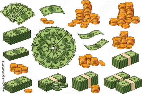 Cartoon money paper cash banknotes and golden coins. Green vector dollar piles and gold stacks. Isolated rich, bank deposit, dream, bills packs, investment, earnings, treasure or jackpot money. eps