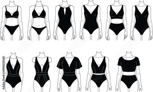 Women's swimwear and bikini collection line art, modern one-piece swimsuits and two-piece bathing suit designs, fashion apparel vector for summer beach wear
