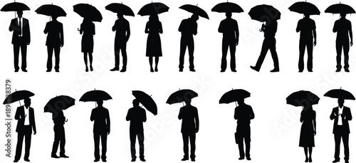 Vector silhouette collection of business people and pedestrians holding umbrellas in various poses, perfect for rainy day weather concepts or city life design.