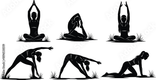 Silhouettes of women practicing yoga and fitness stretches outdoors on grass, healthy active lifestyle and wellness meditation concept vector illustration set