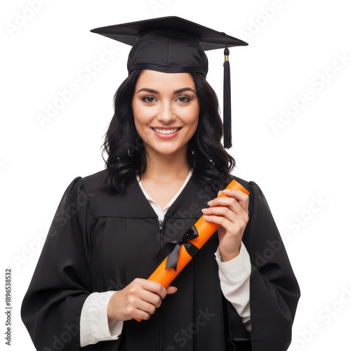 A young woman wearing a black graduation gown and cap, holding a rolled-up orange diploma tied with a black ribbon, standing against a white background, smiling at the camera.
