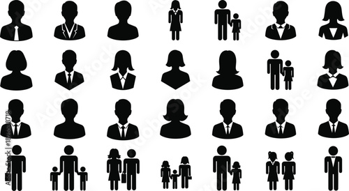 Assortment of Black Human Silhouettes Featuring Heads, Families, and Business Figures people profile