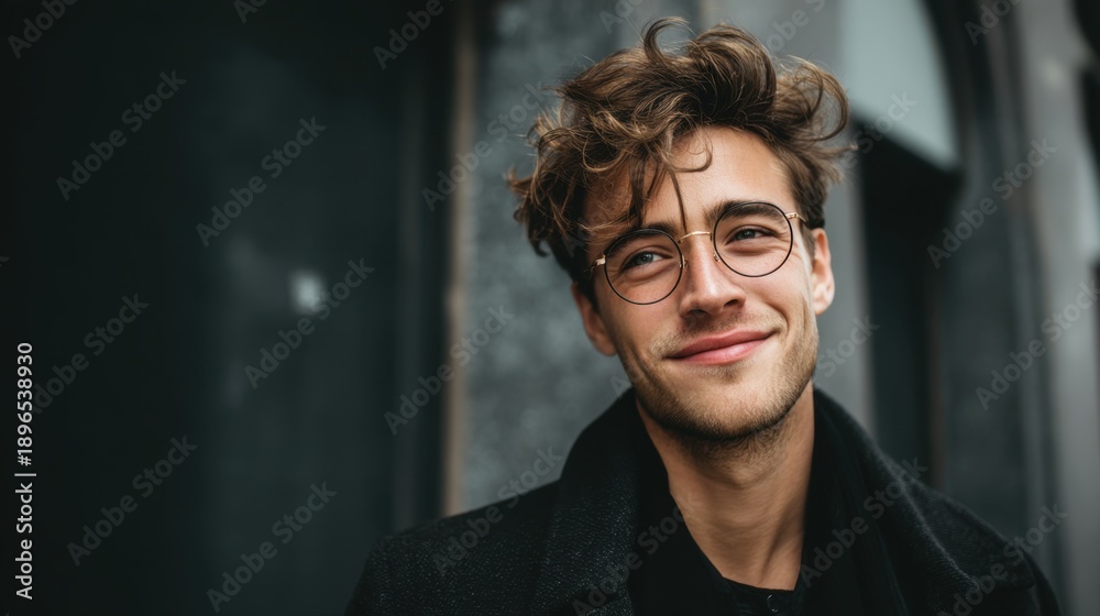 Obraz premium Young caucasian male with glasses smiling outdoors.