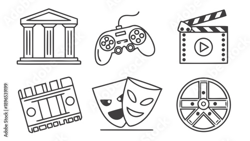 Symbols of entertainment and culture - in trendy line style, line icons set, media, website, blog, content, web icon set, Vector illustration