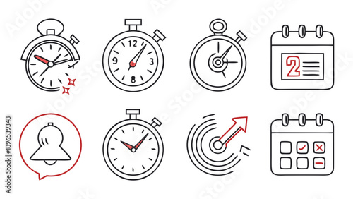 Various time management icons - in trendy line style, line icons set, media, website, blog, content, web icon set, Vector illustration