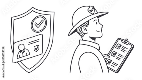 Worker conducting safety inspection - in trendy line style, line icons set, media, website, blog, content, web icon set, Vector illustration