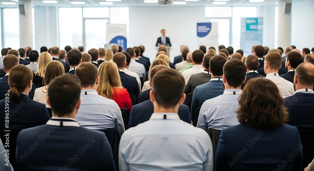 Fototapeta premium Large audience listening to a speaker at a conference in a bright room with blue banners podium