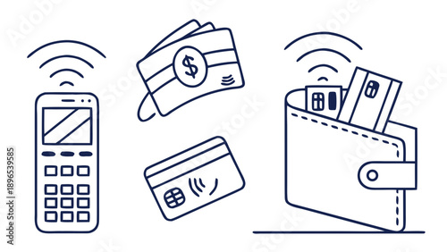 Digital and traditional payment methods - in trendy line style, line icons set, media, website, blog, content, web icon set, Vector illustration