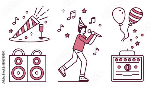Celebration with music and party elements - in trendy line style, line icons set, media, website, blog, content, web icon set, Vector illustration