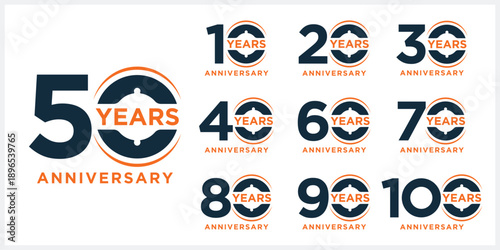 Collection of anniversary logo design. Celebration Day Custom vector graphics concept, 10 to 100 years logo design icon 	