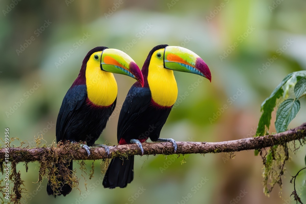 Fototapeta premium Toucan pair perched on a branch amidst lush green forest foliage in the early morning light, showcasing vibrant colors and majestic features typical of tropical wildlife