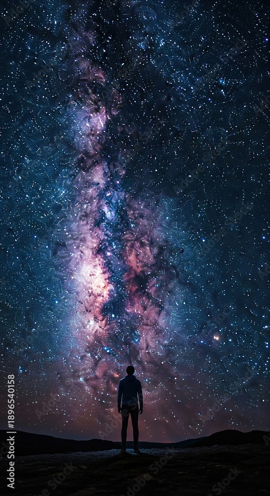 Obraz premium Vast Milky Way galaxy stretching across a dark night sky with a solitary figure