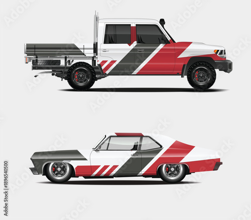 Red and black striped racing truck and old sports car