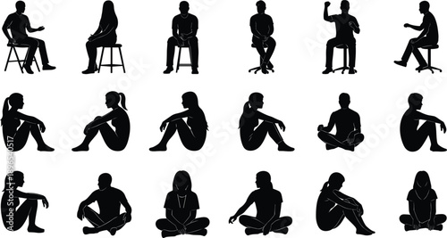 Collection of Black Silhouettes of People Sitting in Various Poses on White Background woman