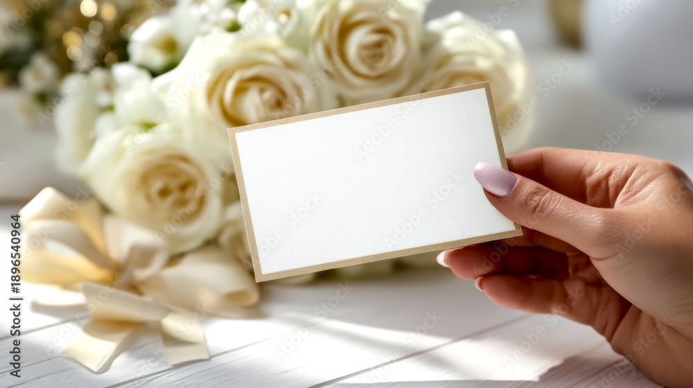 Obraz premium A beautiful hand holding a blank card near elegant roses. The setting is bright and soft, perfect for weddings or special occasions. Showcase creativity with this blank space. AI