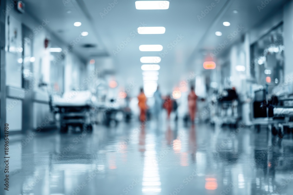 Fototapeta premium Blurred interior of a hospital corridor depicting a busy medical environment filled with healthcare professionals and patients in motion