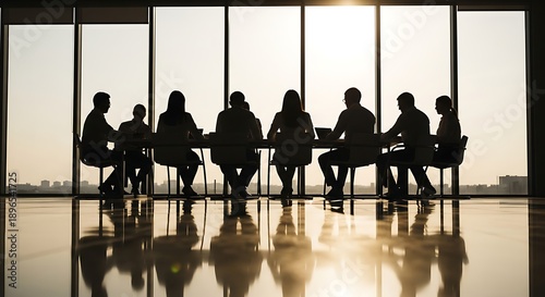 Silhouettes of people sitting around a conference table in a modern office with large windows meeting