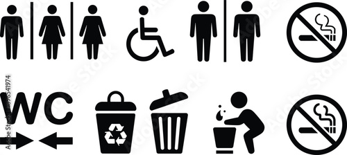 Public signage icon set, restroom symbols, no smoking signs, recycling and trash bins, hygiene graphics, accessibility, vector illustration, facility design