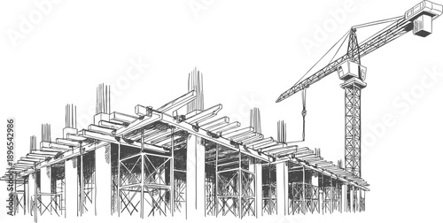 Hand drawn sketch of a building construction site with a large tower crane, reinforced concrete pillars, structural framework, and urban architectural development project