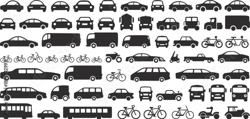 Black silhouette icons of cars, trucks, buses, and bicycles for urban transportation, automotive logistics, city traffic symbols, and vehicle industry design isolated on white