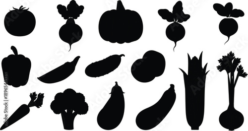 Fresh Vegetables Silhouette Set with Pumpkin Pepper Eggplant Corn and Root Crops Black Icons