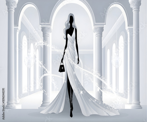Woman in elegant white gown in luxury hall