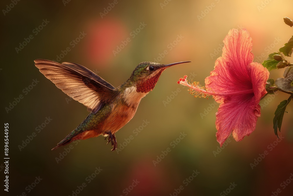 Obraz premium Hummingbird approaches vibrant hibiscus flower to collect sweet nectar in a tranquil garden setting during golden hour