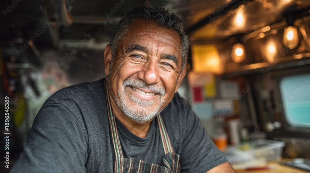Fototapeta premium Hispanic mature male chef smiling inside food truck with warm lighting.