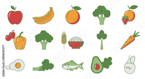 Assorted cartoon fruits and vegetables illustration set.
