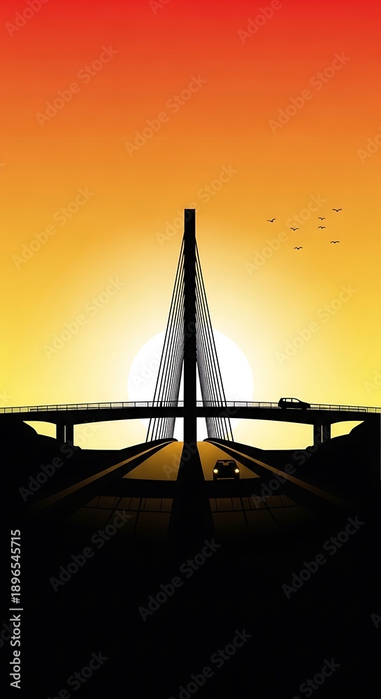 Obraz premium Silhouette of a cable-stayed bridge at sunset.