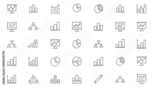 Business infographic icons, including graphs, charts, and people, for presentation or website, isolated on transparent background, png