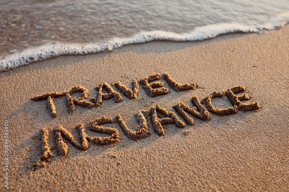 Fototapeta premium Travel insurance concept written in sandy beach, highlighting importance of protection during vacations and journeys at coastal destination