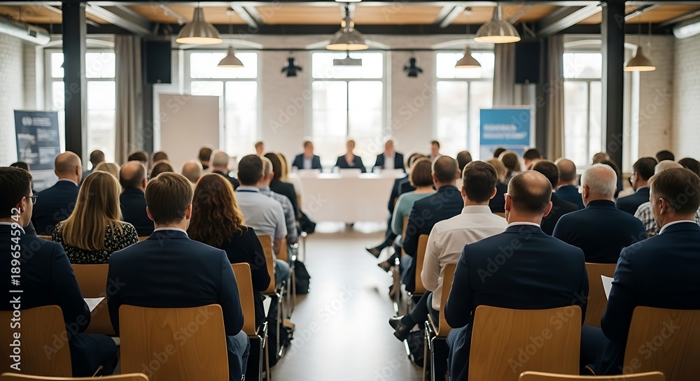 Obraz premium Conference room with people seated facing a panel of speakers at the front meeting audience