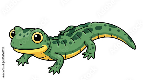 Cute cartoon green lizard with yellow belly and spots