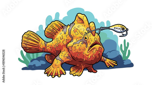 Whimsical Anglerfish Illustration with Lure in Deep Sea