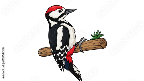 Illustration of a woodpecker bird perched on a tree branch