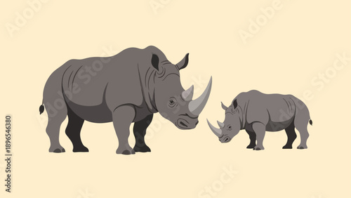 Two rhinos, an adult and a calf, stand against a plain background.