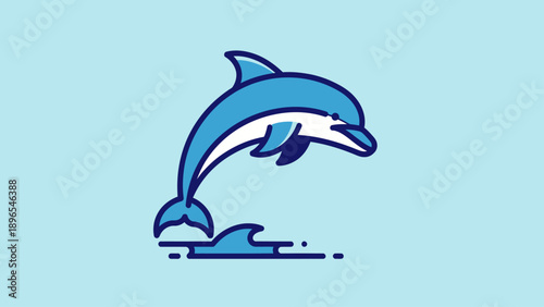 A stylized blue dolphin jumps out of the water with a light blue background.