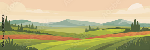 Wide vector countryside panorama with rolling hills, layered fields, distant mountains, and a stylized sky in a soft vintage illustration style.
