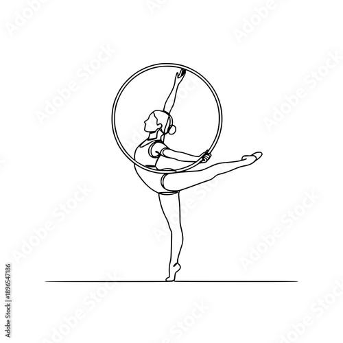 Continuous one line circus equilibrist with hoop vector icon isolated on white background