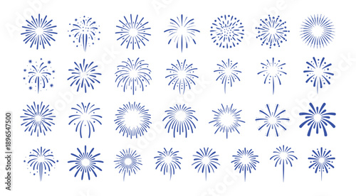Fireworks, stars, bursts, vector illustration set. different styles, sizes. Perfect for New Year, celebrations, holiday, festive, party, night sky, pyrotechnics, sparks, bang, boom, pop, rocket