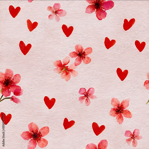 a lot of small red hearts and pink flowers on a pale pink watercolor background rendered in a cottage core style