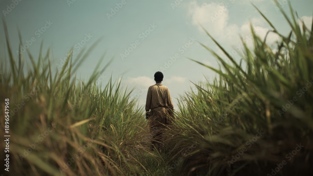 Obraz premium Man walks through tall grass field.