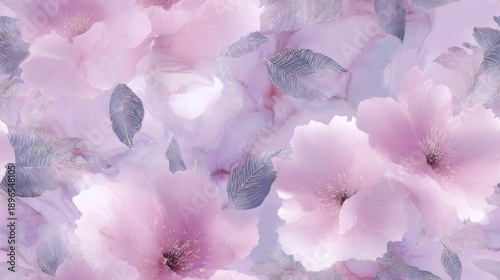 A beautiful floral background featuring soft pink flowers and delicate leaves. The light pastel colors create a dreamy aesthetic. Ideal for wallpapers and designs. AI