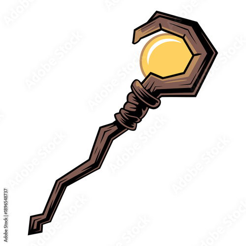 crooked wizard staff holding glowing magic orb fantasy wooden wand vector illustration mystical sorcery object with enchanted energy sphere isolated detailed design for creative artwork