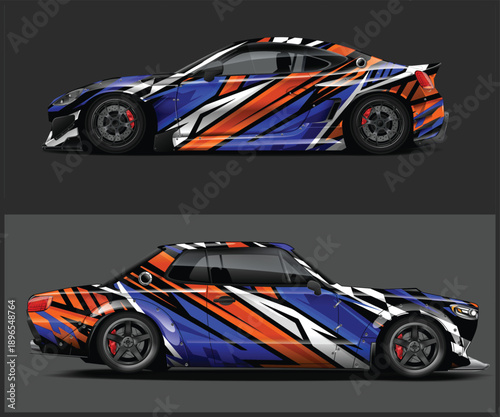 Blue and orange sports car with abstract design from two angles