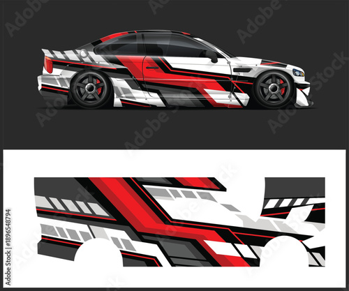 Red and white sports car with racing stripe design and closeup