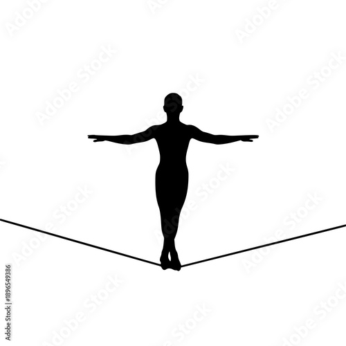 Minimal circus funambulist silhouette balancing on rope vector on white background