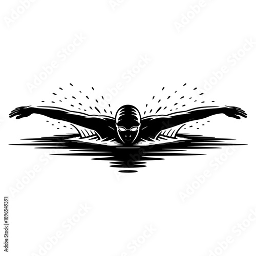 black and white swimmer performing powerful butterfly stroke with wide arm motion over water surface minimal silhouette vector art for aquatic training fitness competition and endurance themes