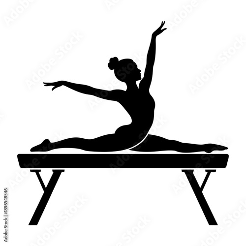 black silhouette female gymnast performing full split balance on beam elegant minimalist vector illustration highlighting flexibility grace body control and artistic gymnastics discipline